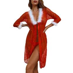 NewBull Damen Sexy Spitzen Kimono Nachthemd Lange Ärmel Babydoll Dessous mit Rohe Kante Transparent Tüll Bademantel Boho Bikini-Vertuschung Weihnachten Strickjacke Pyjama von NewBull