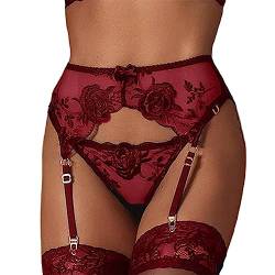 NewBull Damen Strapsgürtel Spitze Strumpfhalter Strapsen Slips Dessous Set Strumpfband Hosenträger Hüfthalter (Rot) von NewBull