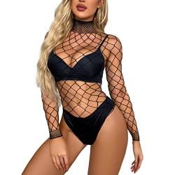 NewBull Dessous Kleidung Onesie Netz mit Öffnung oben Stehkragen Lange Ärmel Fischnetz Sexy Transparent Mesh Oberkörper Durchscheinend Verführerisch Stretch Bluse, Schwarz , Una Talla única para todos von NewBull