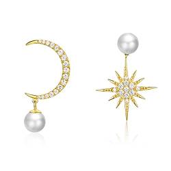 NewL 925 Sterling Silber Perlen Ohrstecker und Mond & Sonne baumeln Ohrringe vergoldet für Damen und Mädchen von NewL
