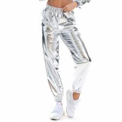 NewL Damen-Jogginghose, metallisch, glänzend, lässig, holografische Farbe, Streetwear-Hose, Hip-Hop-Mode, glatt, elastisch, Glänzendes Silber, XL von NewL