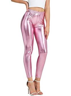 NewL Damen-Leggings, glänzend, metallisch, Sport-Leggings, helle Bleistifthose, Fitness, Mode, Jeggings, Bonbonfarben, Rose, S von NewL