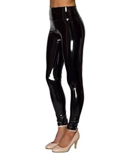 NewL Damen-Leggings aus Kunstleder, reflektierend, glänzend, dehnbar, hohe Taille, schmal, Schwarz, L Schlank von NewL