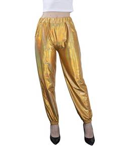 NewL Damen Metallic Glänzend Jogger Casual Holographische Farbe Streetwear Hose Hip Hop Mode Glatte Elastische Hose, Gold, S von NewL