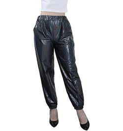 NewL Damen Metallic Glänzend Jogger Casual Holographische Farbe Streetwear Hose Hip Hop Mode Glatte Elastische Hose, Schwarz, XXL von NewL