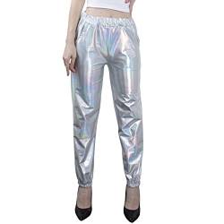 NewL Damen Metallic Glänzend Jogger Casual Holographische Farbe Streetwear Hose Hip Hop Mode Glatte Elastische Hose, Silber, S von NewL