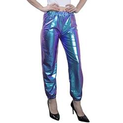 NewL Damen Metallic Glänzend Jogger Casual Holographische Farbe Streetwear Hose Hip Hop Mode Glatte Elastische Hose, blau, M von NewL