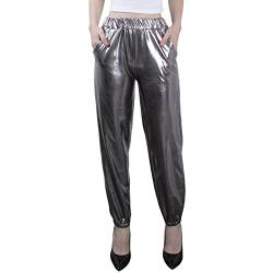 NewL Damen Metallic Glänzend Jogger Casual Holographische Farbe Streetwear Hose Hip Hop Mode Glatte Elastische Hose, grau, S von NewL