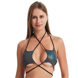 NewL Damen Regenbogen Reflektierend Sexy Glitzer Holografische Camisole BH Halter Camisole Bralette Nachtclub Festival Kostüm, Regenbogen mit Sternen, Large von NewL