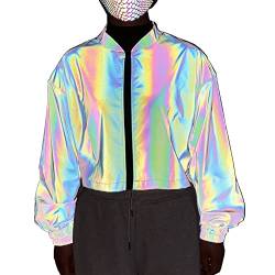 NewL Frauen Regenbogen Reflektierende Kurze Jacke Winddicht mit Reißverschluss Hohe Sichtbarkeit Rave Festival Outfits Holografisch, grau, 38 von NewL