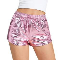 NewL Glänzende Metallic Sexy Shorts Frauen Hohe Taille Reflektierende Hosen Sparkly Outfit Elastische Taille Rave Dance Party, rose, Medium von NewL