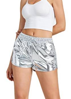 NewL Glänzende Metallic-Sexy-Shorts für Damen, hohe Taille, reflektierende Hose, glitzerndes Outfit, elastische Taille, Rave-Tanz-Party, silber, S von NewL