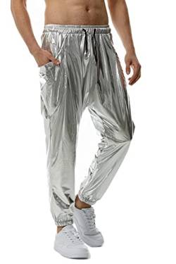 NewL Gold Silber Metallic Glänzende Jogginghose Männliche Party Nachtclub DJ Rock Hip Hop Hose Fashion Fit Straight Leg Hose, Silber, M von NewL