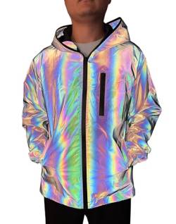 NewL Reflektierender Mantel für Herren, mit Kapuze, Windjacke, Regenbogenfarben, grau, XL von NewL