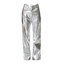 NewL Silber Metallic Straight-Leg Hosen für Frauen Hohe Taille Funkelnde Elastische Taille Hosen Streetwear Clubwear Kostüme, silber, XL von NewL