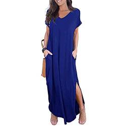 Newbestyle Damen Kleid Maxikleider Damen Freizeitkleider Sommerkleid Lang Damen Kurzarm Kleider mit Taschen (Blau, S) von Newbestyle