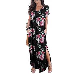 Newbestyle Damen Kleid Maxikleider Damen Freizeitkleider Sommerkleid Lang Damen Kurzarm Kleider mit Taschen (Blume Schwarz, L) von Newbestyle