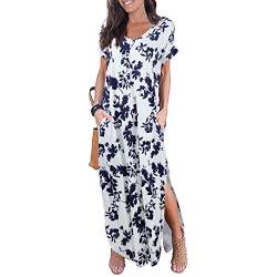 Newbestyle Damen Kleid Maxikleider Damen Freizeitkleider Sommerkleid Lang Damen Kurzarm Kleider mit Taschen (Blumen Weiß Blau, M) von Newbestyle