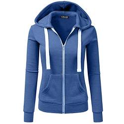 Newbestyle Hoodies für Damen, Farbblock, Kapuzen-Sweatshirt, Basic Reißverschluss, Jersey-Jacke, langärmelig, schmale Passform, Jeansblau, 36 von Newbestyle