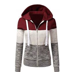 Newbestyle Jacke Damen Sweatjacke Hoodie Sweatshirt Pullover Oberteile Kapuzenpullover V Ausschnitt Patchwork Pulli mit Kordel und Zip (Weinrot, Medium) von Newbestyle