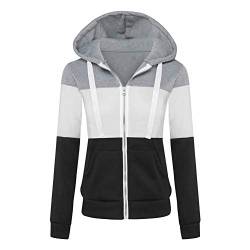 Newbestyle Jacke Damen Sweatjacke Hoodie Sweatshirtjacke Pullover Oberteile Kapuzenpullover,Grau-weiß-schwarz,XL von Newbestyle