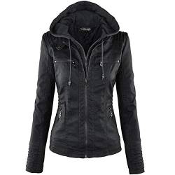 Newbestyle Kapuzen Kunstleder Damen Jacke mit Reißverschluss Motorradjacke Bikerjacke Kapuzenjacke Übergangsjacke Ladies Oberbekleidung (Normale EU-Größe) (schwarz, XL/44) von Newbestyle