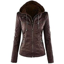 Newbestyle Kapuzen Kunstleder Damen Jacke mit Reißverschluss Motorradjacke Bikerjacke Kapuzenjacke Übergangsjacke Ladies Oberbekleidung (Normale EU-Größe) Dunkelbraun XL/44 von Newbestyle