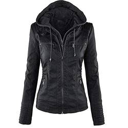 Newbestyle Kapuzen Kunstleder Damen Jacke mit Reißverschluss Motorradjacke Bikerjacke Kapuzenjacke Übergangsjacke Ladies Oberbekleidung (Normale EU-Größe)- Gr. L/42, Schwarz von Newbestyle