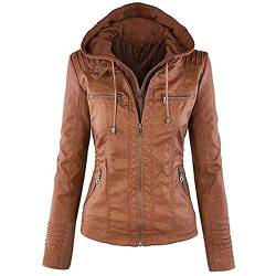 Newbestyle Kapuzen Kunstleder Damen Jacke mit Reißverschluss Motorradjacke Bikerjacke Kapuzenjacke Übergangsjacke Ladies Oberbekleidung (Normale EU-Größe)- Gr. S/38, Braun von Newbestyle