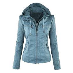 Newbestyle Kapuzen Kunstleder Damen Jacke mit Reißverschluss Motorradjacke Bikerjacke Kapuzenjacke Übergangsjacke Ladies Oberbekleidung (Normale EU-Größe)- Gr. XS/36, Himmelblau von Newbestyle