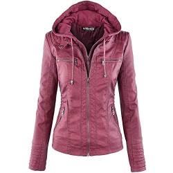 Newbestyle Kapuzen Kunstleder Damen Jacke mit Reißverschluss Motorradjacke Bikerjacke Kapuzenjacke Übergangsjacke Ladies Oberbekleidung (Normale EU-Größe) von Newbestyle