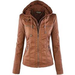 Newbestyle Kunstlederjacke für Damen, Motorradjacke, Bikerjacke, durchgehender Reißverschluss, plissiert, lässiger Mantel, warme Oberteile, braun, 36 von Newbestyle