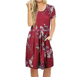 Newbestyle Sommerkleid Damen Tunika Tshirt Kleid Midikleid Kurzarm Plissee Swing Blumen Strandkleid Sommerkleider Damen Knielang mit Taschen (Blume 10,S) von Newbestyle