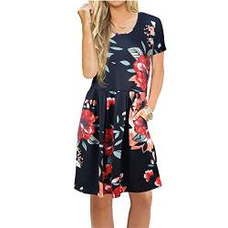 Newbestyle Sommerkleid Damen Tunika Tshirt Kleid Midikleid Kurzarm Plissee Swing Blumen Strandkleid Sommerkleider Damen Knielang mit Taschen von Newbestyle