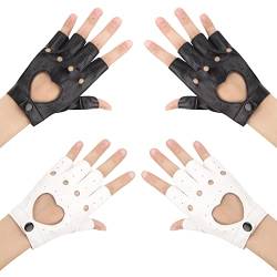Newellsail 2 Paar Fingerlose PU-Leder Handschuhe Damen Punk Herz-Ausschnitt Handschuhe Halbfinger-Handschuhe für Fahren, Radfahren, Tanzen, Leistung, Cosplay, Einheitsgröße (Schwarz & Weiß) von Newellsail