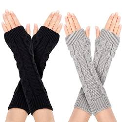 Newellsail Armstulpen Damen Fingerlose Handschuhe Armwärmer Winter Stricken Wärmer Lange Handschuh Daumenloch Fäustling 2 Paar (Schwarz und Grau) von Newellsail