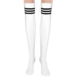 Newellsail Kniestrümpfe Damen Overknees Strümpfe Lange Oberschenkelhohe Socken Streifen Stiefelstrümpfe Elastisch Overknee-Socken 1 Paar (Weiß) von Newellsail