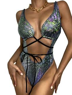 Damen Rave Wear Einteiler Bodysuit Schlangenhautdruck Sexy Beinringe Badeanzug für Festival Dance Rave Kleidung, Schlangenleder-Silber, Large von Newfancy