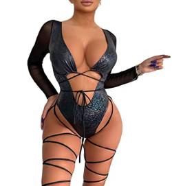 Damen Rave Wear Einteiliger Body Schlangenhaut-Print Sexy Beinringe Badeanzug für Festival Tanz Rave Kleidung, Glänzende Netzärmel Schwarz, S von Newfancy