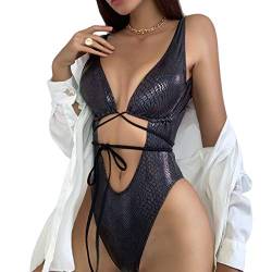 Newfancy Damen Rave Wear Einteiler Bodysuit Schlangenhautdruck Sexy Beinringe Badeanzug für Festival Dance Rave Kleidung, Glänzendes Metallic-Schwarz, M von Newfancy