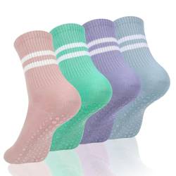 Newofview 4 Paar Non Slip Yoga Pilates Socken, Rutschfeste Yoga Socken mit Griffen, Lange Pilates Socken mit Streifen für Damen und Mädchen von Newofview