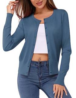 Newshows Damen Leichte Strickjacke Langarm Klassisch Rundhalsstrickjacke Casual Cardigan Strickmantel mit Knöpfen(Blau-01,X-Groß) von Newshows