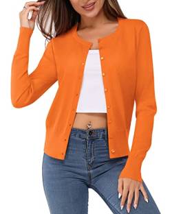 Newshows Damen Leichte Strickjacke Langarm Klassisch Rundhalsstrickjacke Casual Cardigan Strickmantel mit Knöpfen(Orange,Klein) von Newshows