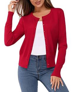 Newshows Damen Leichte Strickjacke Langarm Klassisch Rundhalsstrickjacke Casual Cardigan Strickmantel mit Knöpfen(Purpurrot Red,Mittel) von Newshows