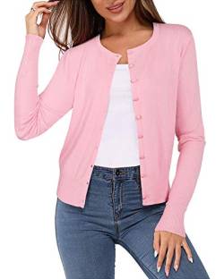 Newshows Damen Leichte Strickjacke Langarm Klassisch Rundhalsstrickjacke Casual Cardigan Strickmantel mit Knöpfen(Rosa,Klein) von Newshows