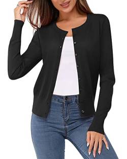 Newshows Damen Leichte Strickjacke Langarm Klassisch Rundhalsstrickjacke Casual Cardigan Strickmantel mit Knöpfen(Schwarz,XX-Groß) von Newshows