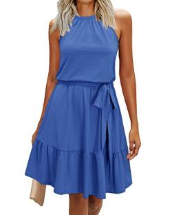 Newshows Sommerkleid Damen Knielang Elegant Kleid Neckholder Sommer Ärmellos Freizeitkleider mit Taschen(Blau, Groß) von Newshows