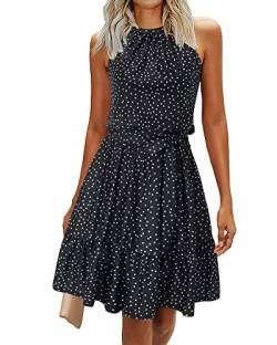 Newshows Sommerkleid Damen Knielang Elegant Kleid Neckholder Sommer Ärmellos Freizeitkleider mit Taschen(Polka Dot-schwarz, Groß) von Newshows