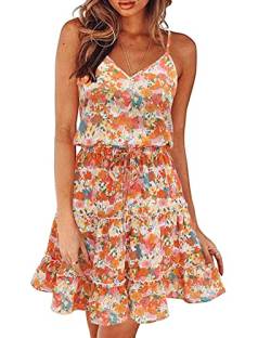 Newshows Sommerkleid Damen Knielang Spaghettiträger Kleid V-Ausschnitt Strandkleider(Floral 05, Groß) von Newshows