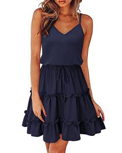 Newshows Sommerkleid Damen Knielang Spaghettiträger Kleid V-Ausschnitt Strandkleider(Marine, Groß) von Newshows